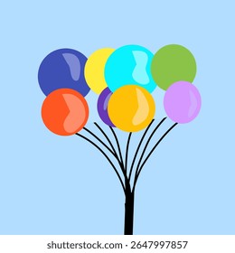 um monte de balões coloridos (azul escuro, amarelo, azul claro, verde, laranja, roxo, laranja amarelo) amarrados a várias cordas pretas provenientes de um único ponto na parte inferior, em um fundo azul claro