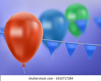 Bunch of colorful balloons and festival flags in the blue sky. Vector illustration.