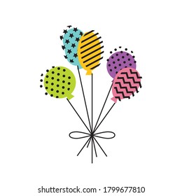 Bunch of colorful balloons with geometric patterns in flat graphic style. Birthday party, Anniversary celebration banner for minimalist greeting card design.