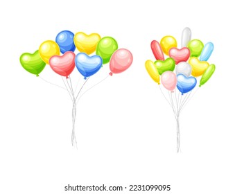Bunch of Colorful Balloons Inflated with Helium on Strings Vector Set