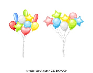 Bunch of Colorful Balloons Inflated with Helium on Strings Vector Set