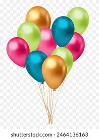 Bunch of colorful balloons isolated on transparent background. Vector illustration.