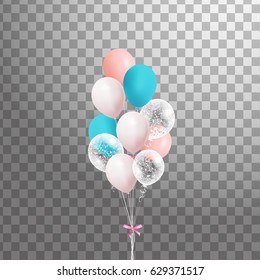 Bunch of colorful  balloons isolated.  Party decorations for birthday, Wedding, anniversary, celebration, event design. Vector illustration. 