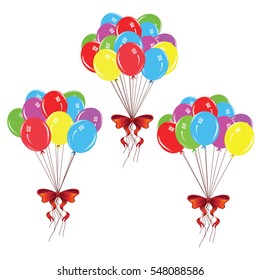 Bunch of colorful balloons with red holiday bow.