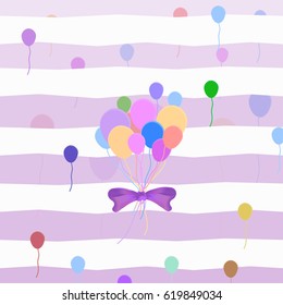 Bunch of colorful balloons with strings and bow. Vector illustration