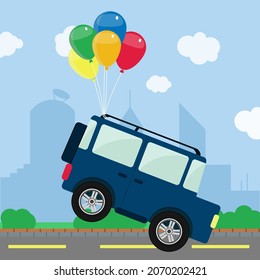 Bunch of colorful balloons taking a 4x4 car off the road. Skyline of a city in the background. Conceptual. Vector illustration representing a dream, fantasy. Flying car.