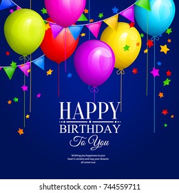 Bunch of colorful birthday balloons with stars and colorful buntings flags on blue background. Vector.
