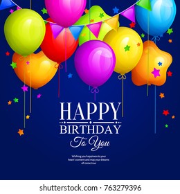 Bunch of colorful birthday balloons with stars and colorful buntings flags on blue background. Vector.