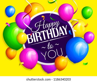 Bunch of colorful birthday balloons with streamers on yellow background. Vector.