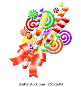 Bunch of colorful candies with red ribbon