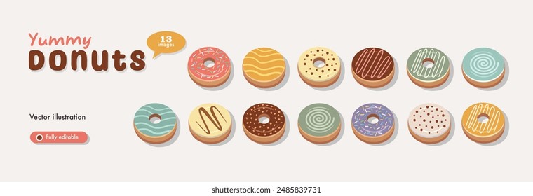 Ein Haufen bunter Donuts. Ringdarstellung. Donuts Kollektion Set. Bunte Donuts.