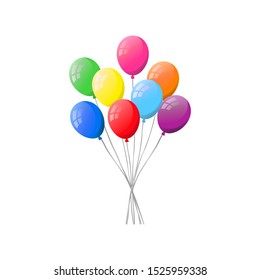 Bunch of colorful flat helium balloons isolated on white background.