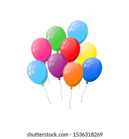 Bunch of colorful flat helium balloons isolated on white background.