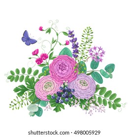 Bunch of colorful flowers and flying butterfly isolated on white. Pink and lilac buttercup with floral elements and berries. Romantic bouquet.