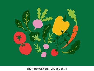 Un montón de verduras coloridas y felices. Ilustración original, dibujada a mano.