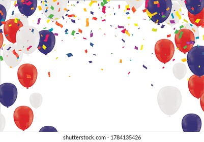Bunch of colorful helium balloons isolated on background. Party decorations for birthday, anniversary, celebration. Vector illustration.