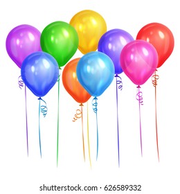 Bunch of colorful helium balloons isolated on white background. Party decorations for birthday, anniversary, celebration. Vector illustration