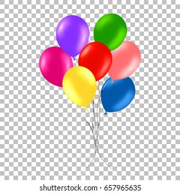 Bunch of colorful helium balloons isolated on transparent background. Party decorations for birthday, anniversary, celebration.