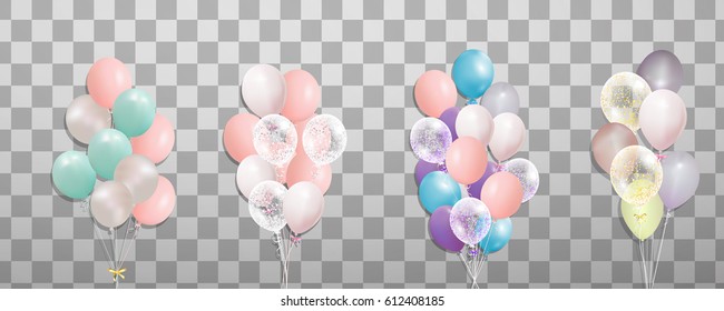 Bunch of colorful realistic balloons isolated. Party decorations for birthday, anniversary, celebration, wedding, event design. Vector