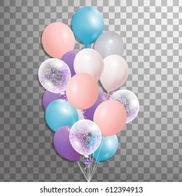 Bunch of colorful realistic helium balloons isolated.  Party decorations for birthday, anniversary, celebration, event design. Vector.