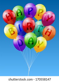 A bunch of colorful realistic looking balloons, lettering "Happy Birthday" - vector on blue sky background.