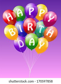 A bunch of colorful realistic looking balloons, lettering "Happy Birthday" - vector on pink background.