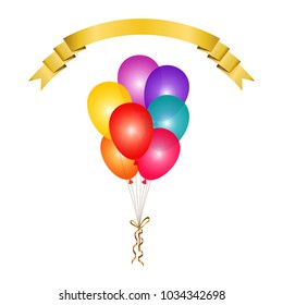 Bunch of colorful transparent balloons isolated background and gold ribbon banner for text. Vector illustration.