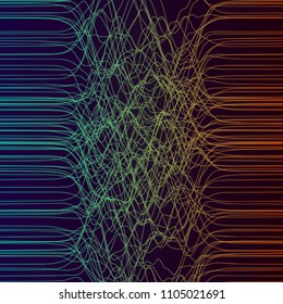 Bunch of coonection wires from side to sied. Futuristic technological vector illustration. Generative art.