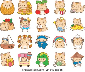 Un montón de lindo gato con varios postres.
Kawaii animal kitty para álbum de recortes y pegatina.