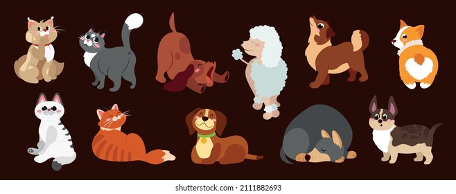 A bunch of cute cats and dogs sleeping, stretching, playing. Set of pets isolated on white background. Flat cartoon vector illustration.