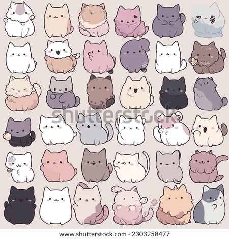a bunch of cute cats, in the style of subtle color variations, gigantic scale, dignified poses, staining, kawaii, rounded, made of all of the above.