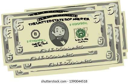 Bunch of Cute hand-painted 5 US dollar banknote