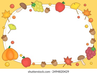 bunch of cute harvests mushrooms and acorns in fall season theme frame, vector illustration