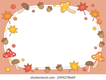 bunch of cute maples mushrooms and acorns in fall season theme frame, vector illustration