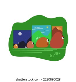 a bunch of cute potato monsters walking in a march through time from morning to noon and night in the open