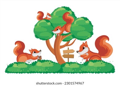 
Ein Haufen süßer Eichhörnchen, die auf dem Baum spielen. Cute-Eichhörnchen-Cartografik