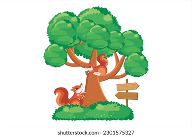 
A bunch of cute squirrels playing on the tree. Cute squirrel cartoon illustration