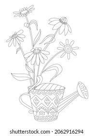 bunch of daisies flowers in a watering can with decorative pattern for your coloring book