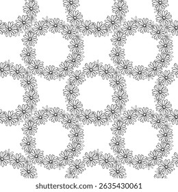 A bunch of daisy flowers arranged in a neat, circular pattern. Each flower is drawn with delicate thin lines, giving them a simple and minimalist vibe. Seamless pattern background for textile design 