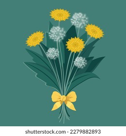 Bunch of Dandelion Floral Tied With Yellow Bow Ribbon On Teal Green Background.