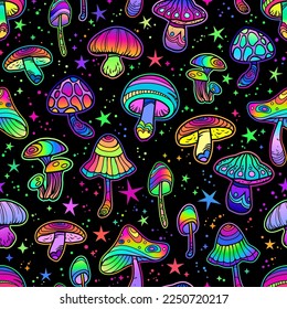 Ein Haufen verschiedener farbiger Pilze auf schwarzem Hintergrund, psychedelischer Hintergrund