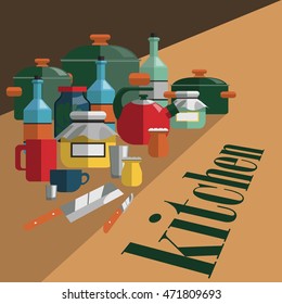 a bunch of different colorful kitchen utensils. Kitchenware for real housewives. Vector Illustration