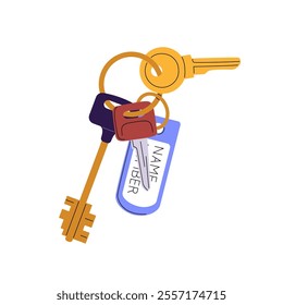 Bunch of different keys with keychain. Keyring with chains, tag for lock and unlock house door, postbox. Pendant, fob, keyholder hanging on ring. Flat isolated vector illustration on white background