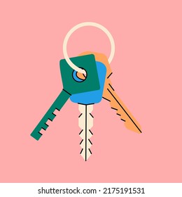 Bunch of different keys with ring keyholder. Colored hand drawn house keys. Modern door keys. Home security illustration poster template