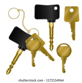 Bunch of different realistic golden keys with chain