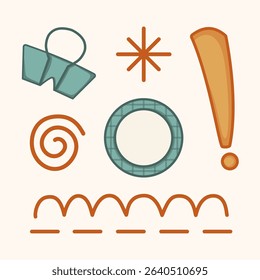 A bunch of different shapes and one of them is an exclamation point. The shapes are all different sizes and colors
