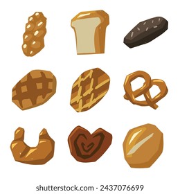 A bunch of different types of bread on a white background. Vector illustration of a waffles, bread, loaf, baguette, bun, pretzel, croissant and other baked goods