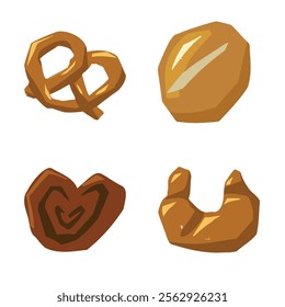 A bunch of different types of bread on a white background. Vector illustration of a bread, loaf, pretzel, croissant and other baked goods