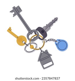 Bunch of door keys. Modern keys with trinket, keychain and plastic tag, real estate property locking keys flat vector illustration. House privacy elements