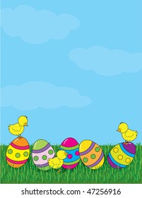 A bunch of Easter eggs in the grass with little chicks sitting on them